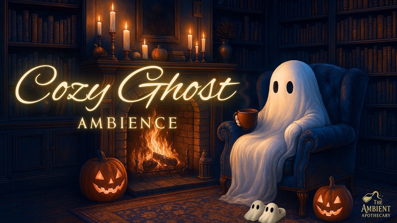 Cozy Halloween Ghost Relaxing In A Library | Halloween Pumpkin Ambience