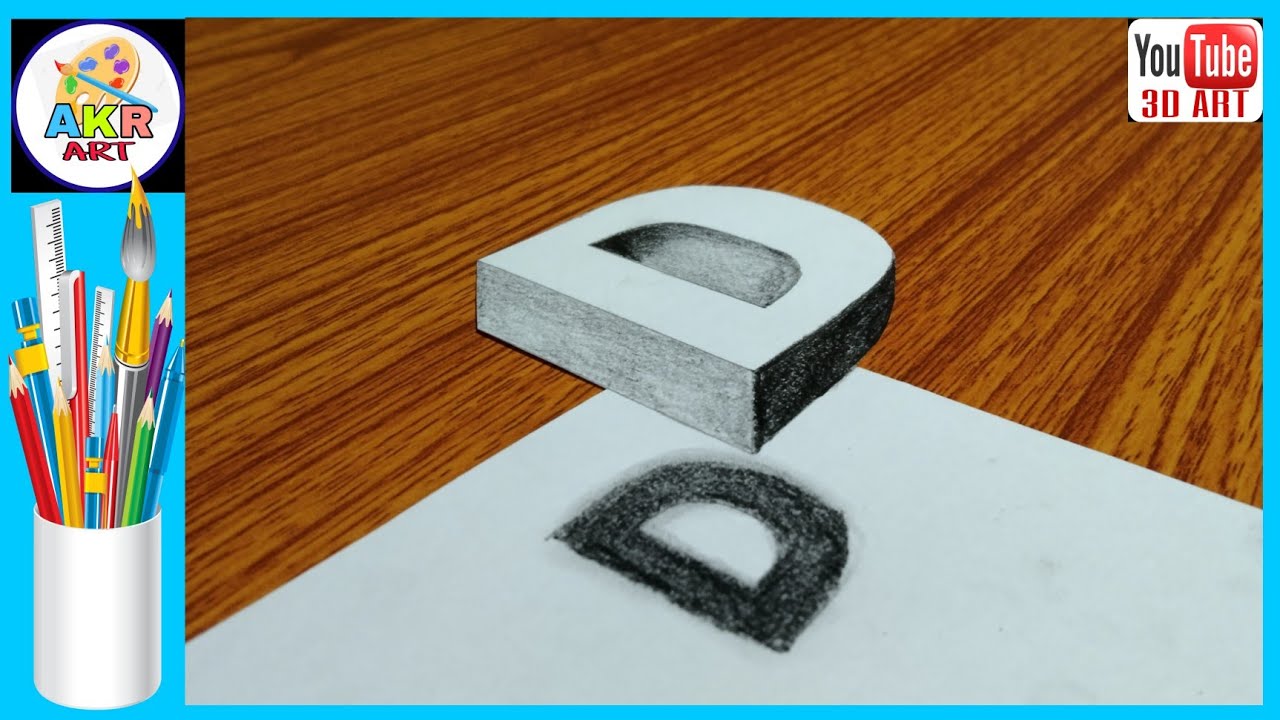 Easy 3D trick art drawing...How to draw 3D floating letter 'D'...easy step by step tutorial 3D art