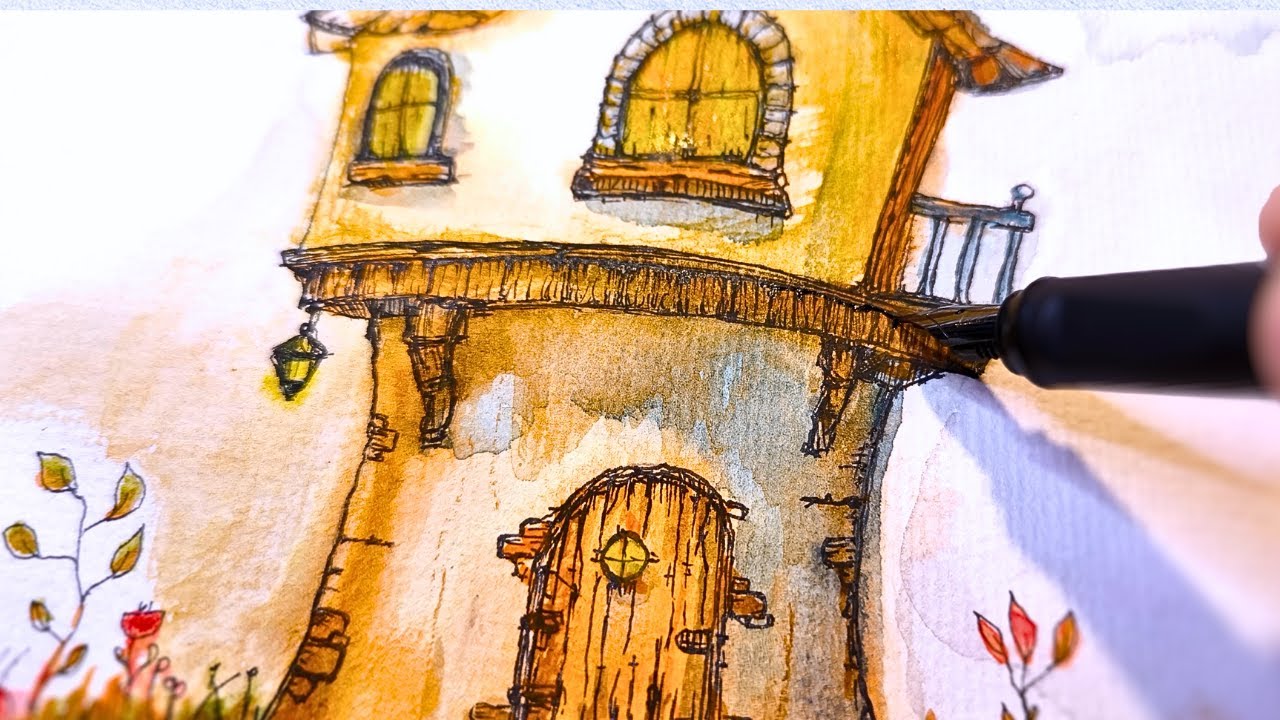 Whimsical House paint with Fountain Pen and Watercolors 🖋️🏡