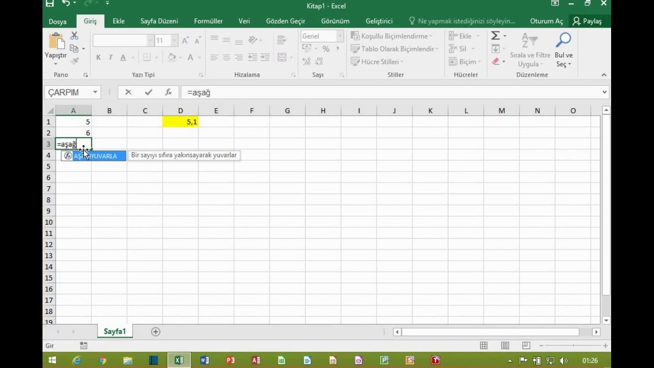 Microsoft Office Excel Dersleri - 23 - Excel Yuvarla,AşağıYuvarla,YukarıYuvarla formülleri ve kullan