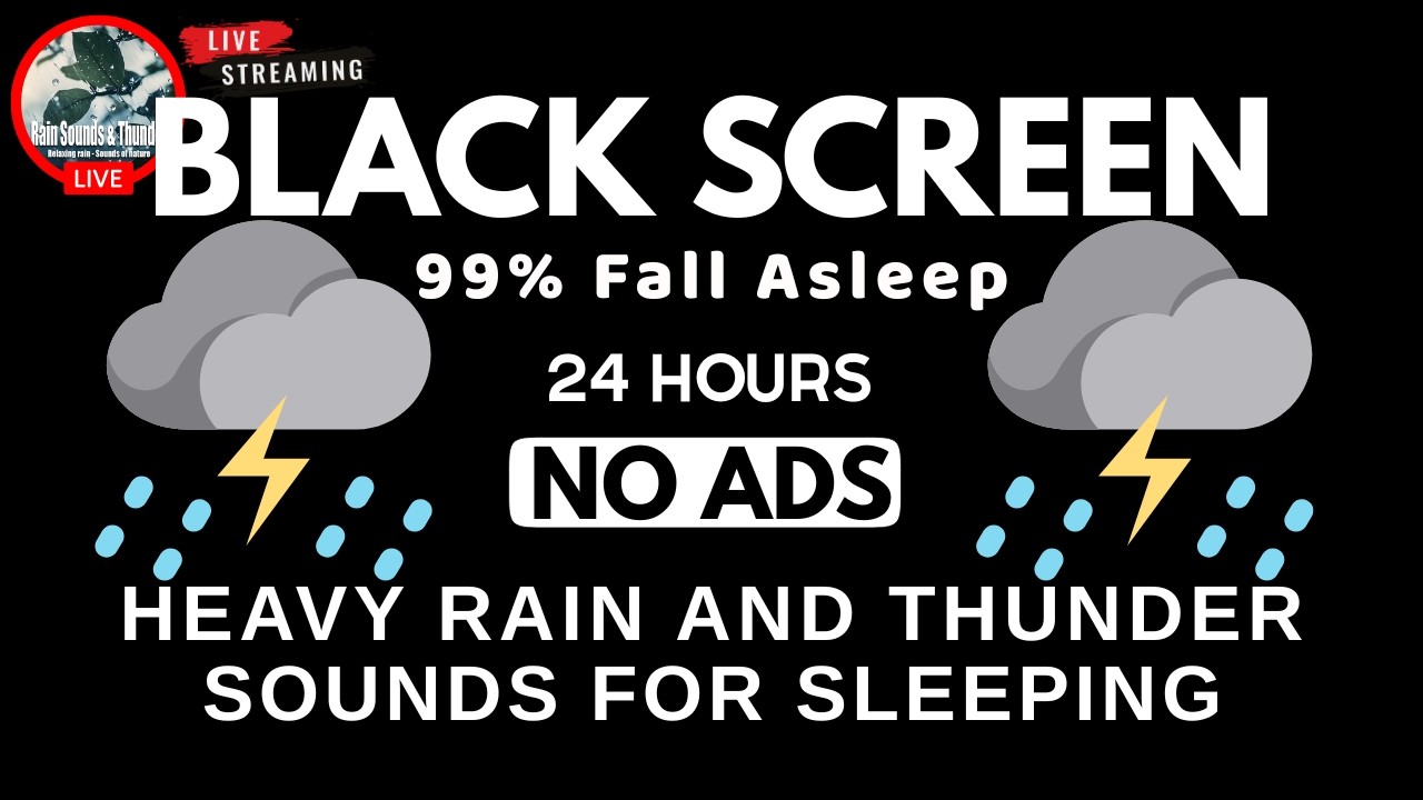 🔴 Heavy Rain and Thunder Sounds for Sleeping - Black Screen | Deep Sleep Rainstorm Live Stream