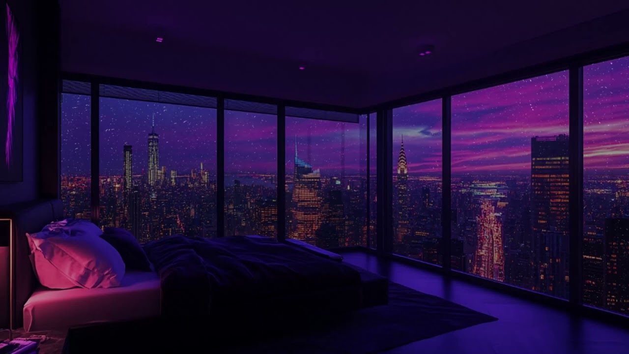 Rainy Night Over Neon City Skyline | Modern High Rise Bedroom View | Calm Relaxing Sleep Sounds
