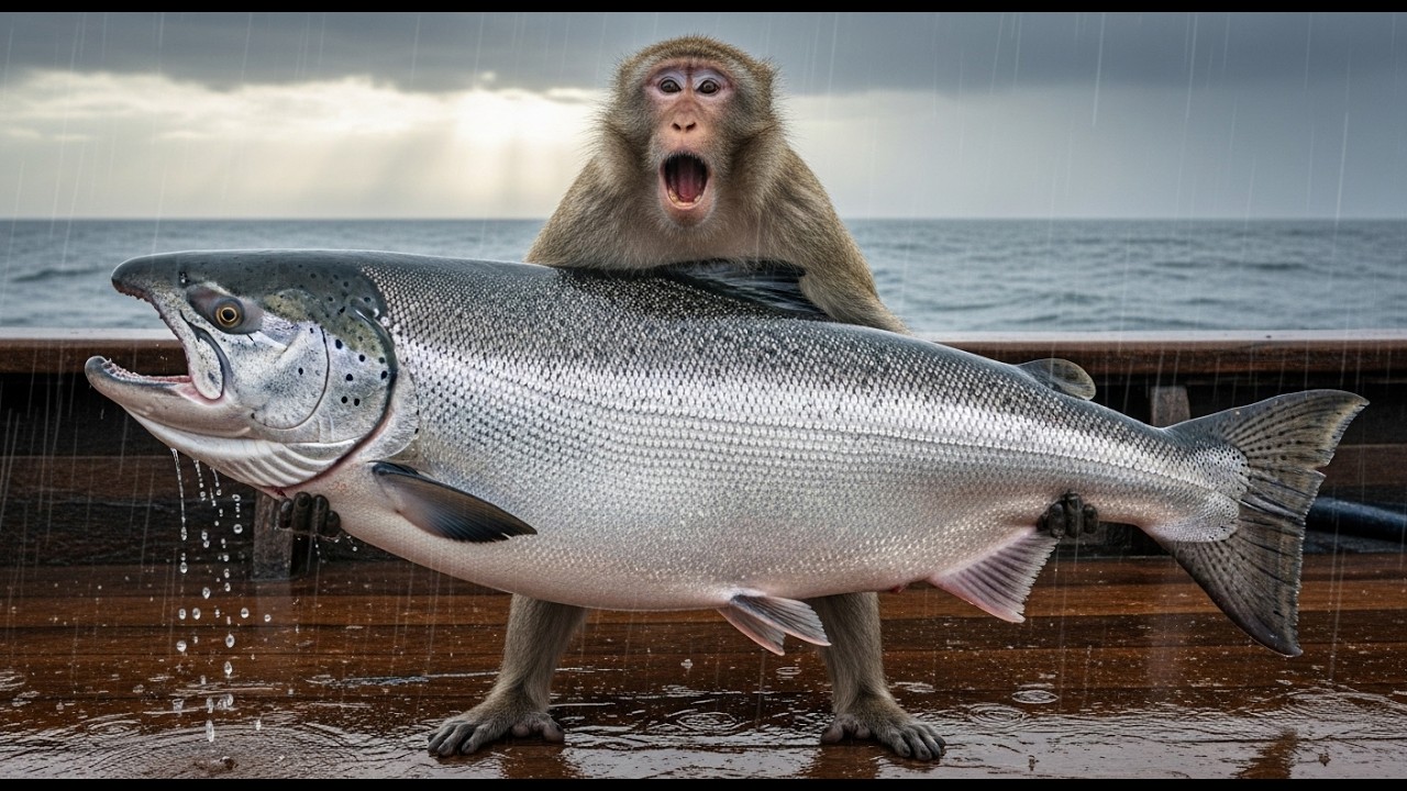 Monkey Catches Giant Salmon in Storm and Makes Perfect Sashimi