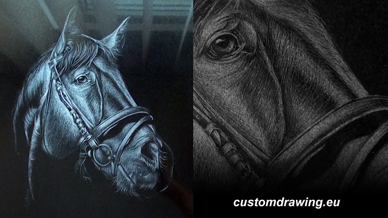 Freehand black granite engraving - Horse head