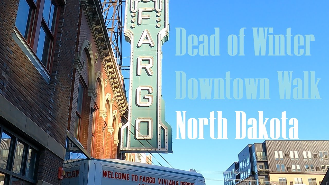 Fargo ND Downtown walk in the dead of Winter. Cold day on the streets of downtown Fargo North Dakota