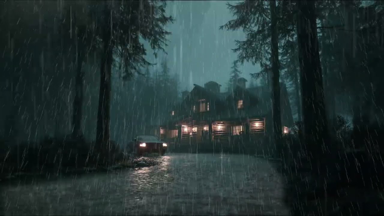Heavy Rain at a Cozy Forest Cabin for Deep Sleep and Relaxation