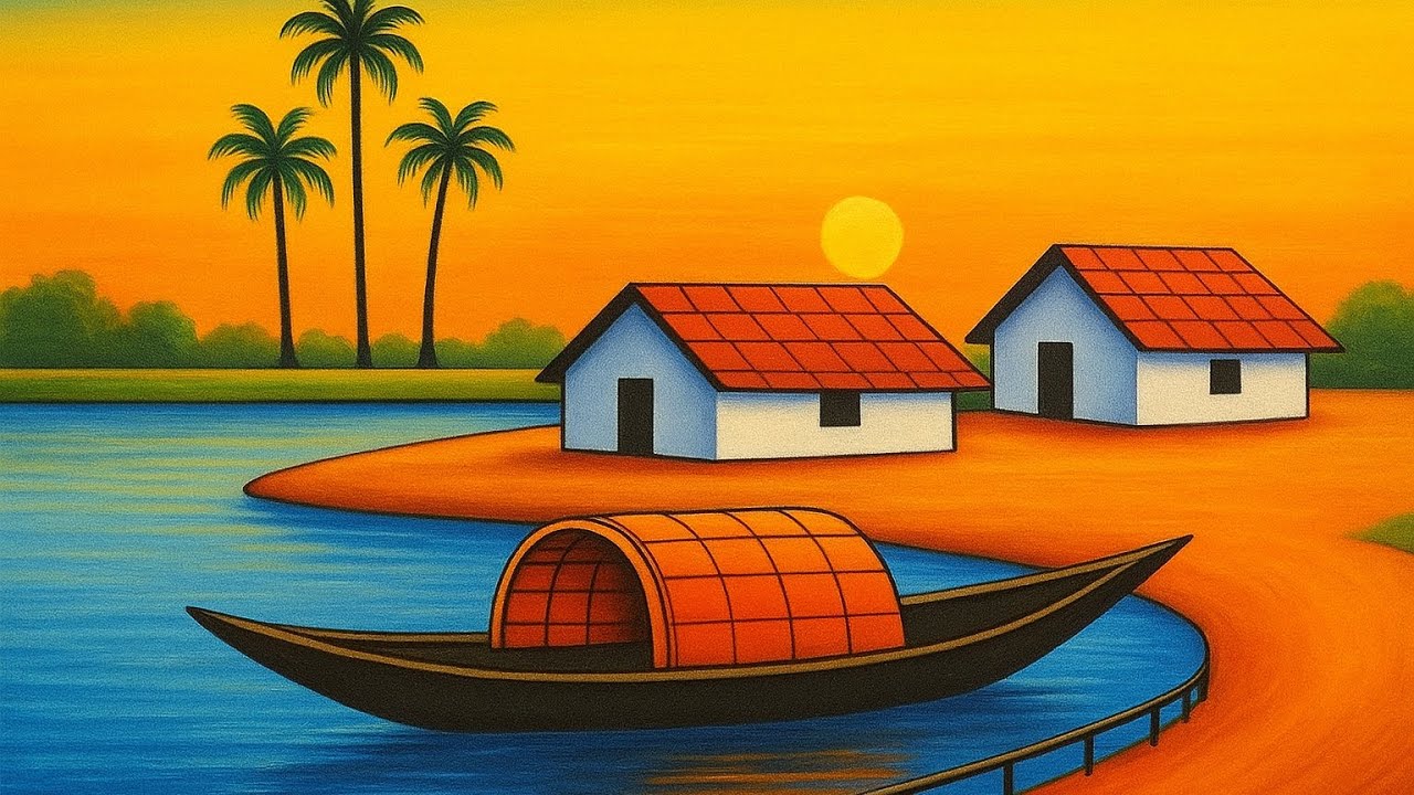 How to Draw a Sunset Over Village River Scenery Drawing | Easy Landscape Drawing with watercolour