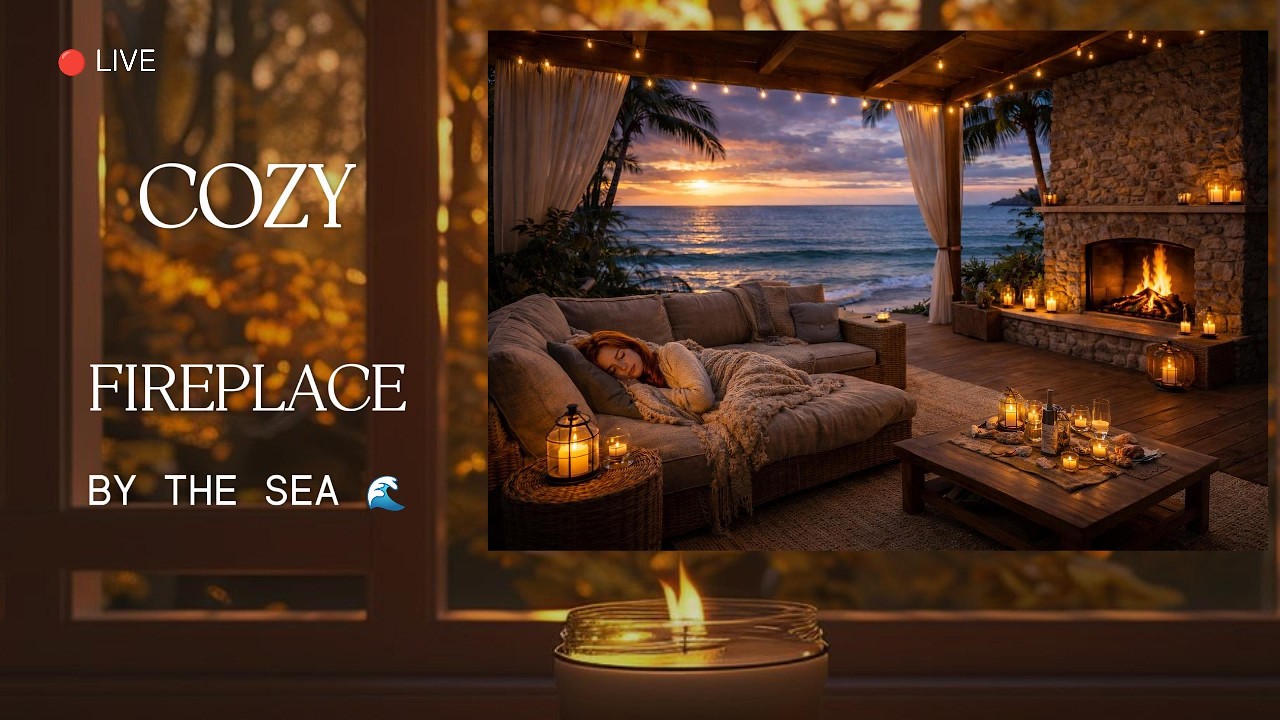 Cozy Fireplace by the Sea 🌊🔥 Calm Piano, Crackling Fire & Ocean Ambience for Sleep