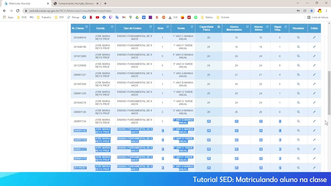 Tutoriais do SED | Como matricular aluno na classe