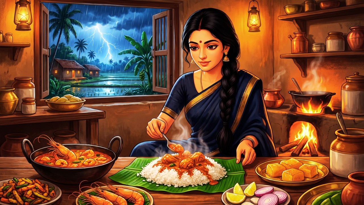 1990s Rainy Indian Village 🌧️  Chicken Curry, River Prawns & Cozy Family Time | Ghibli Style ASMR