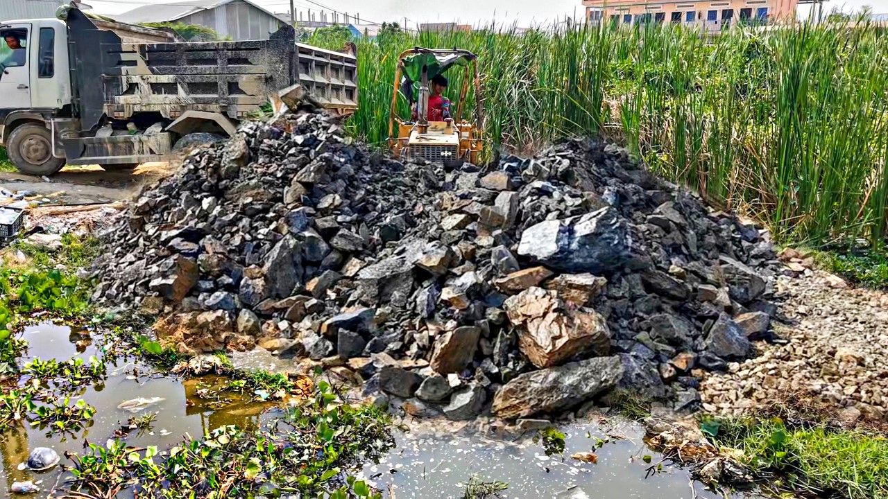 Fantastic New Project!! Filling Land By Bulldozer Komat'su D2OP Pushing Stone with 5ton Trucks
