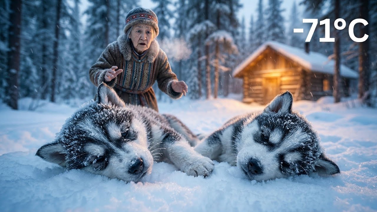  -71°C in Siberia: Elderly Woman Rescues Two Frozen Husky Puppies ❄️🐺