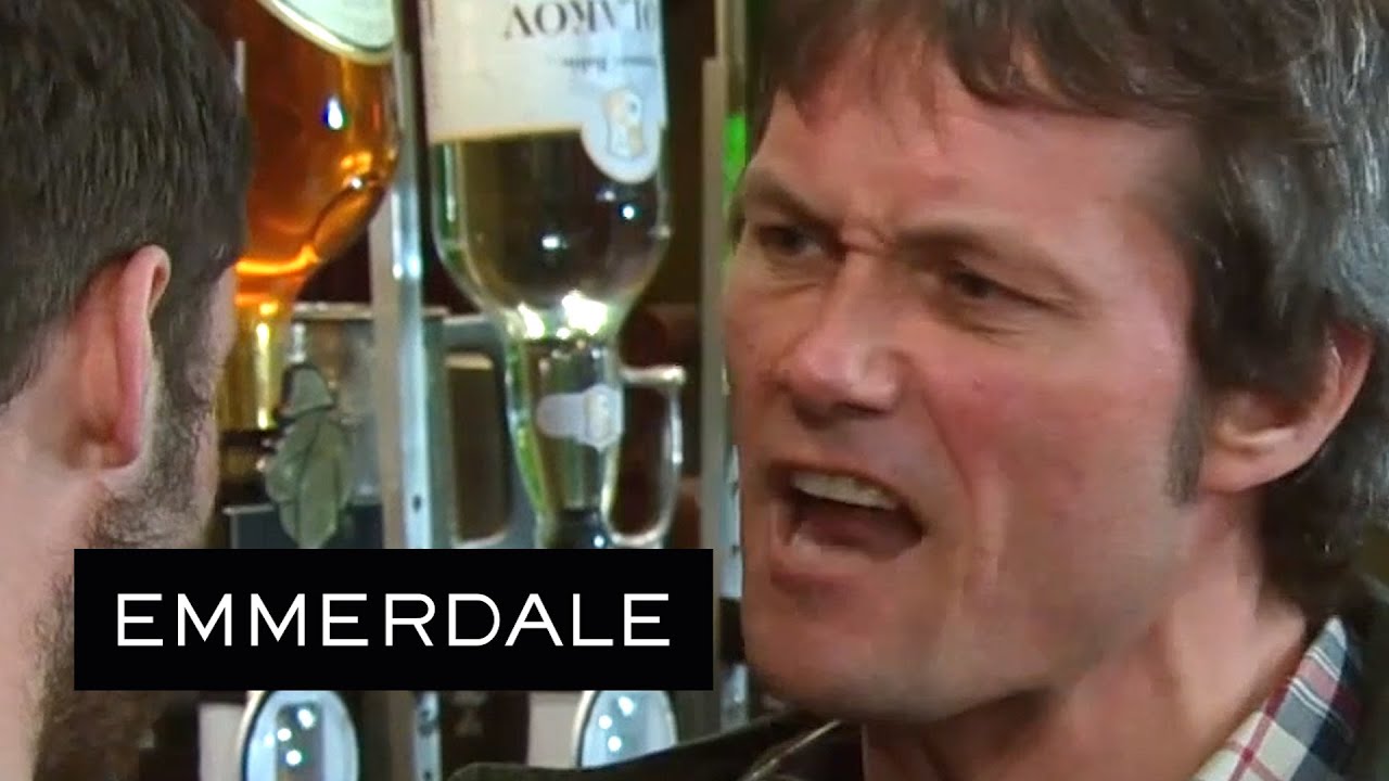 Emmerdale - Aaron Smashes A Bottle Over James's Head