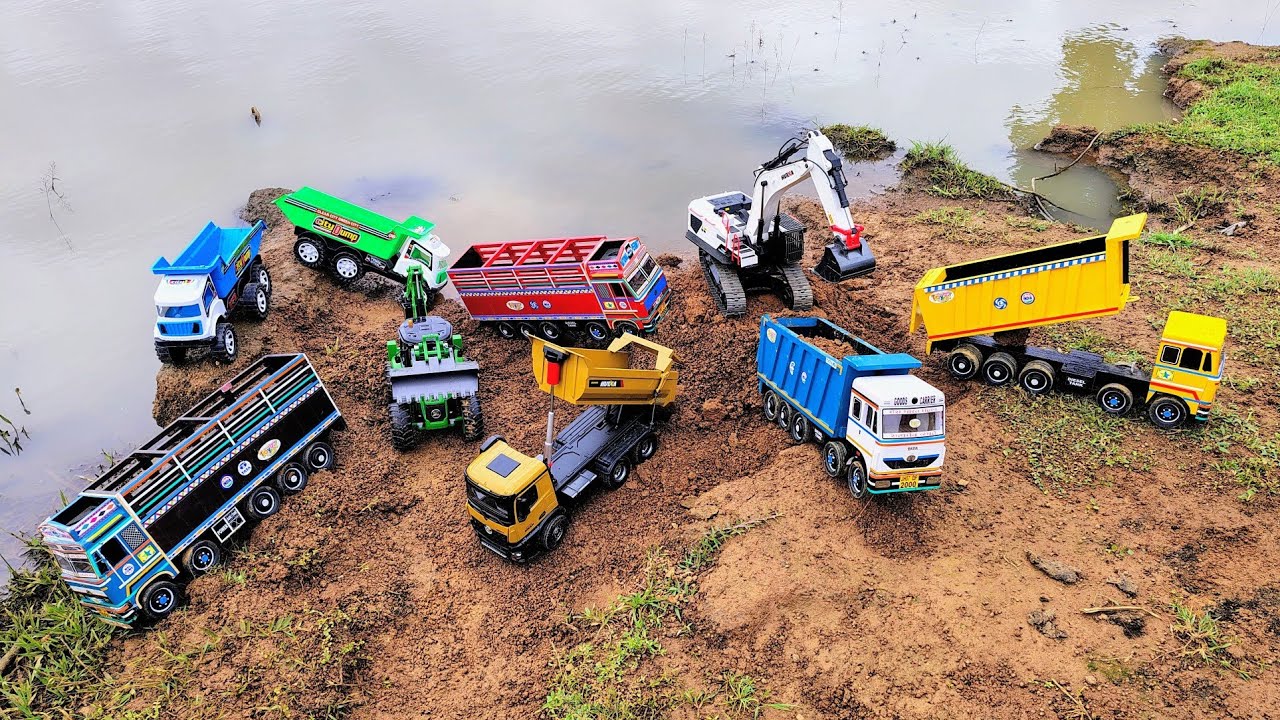 Loading Soil in Multiple Trucks From The River By Rc Excavator And RC JCB