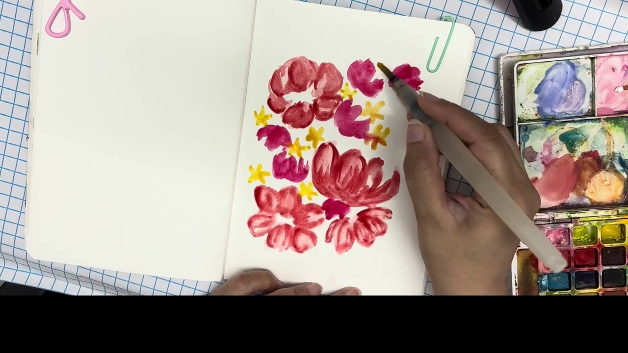 Watercolour red and pink flowers 
