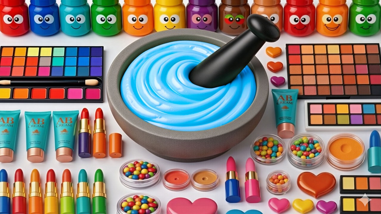 فيديو مرضي DIY سلايم ASMR | مزج مستحضرات التجميل اللامعة وأحمر الشفاه في سلايم قوس قزح