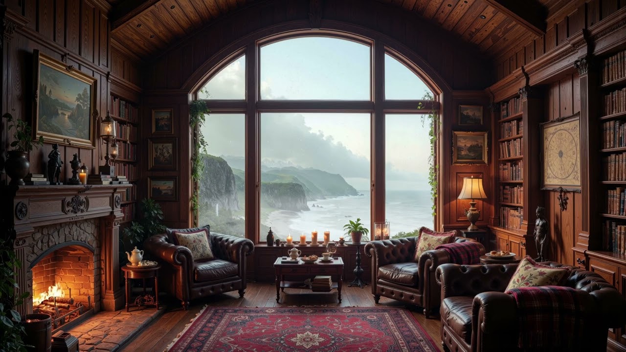 Cozy Scottish Library Ambience – Warm Fireplace, Rainy Sea Cliffs & Soft Celtic Music for Relaxation