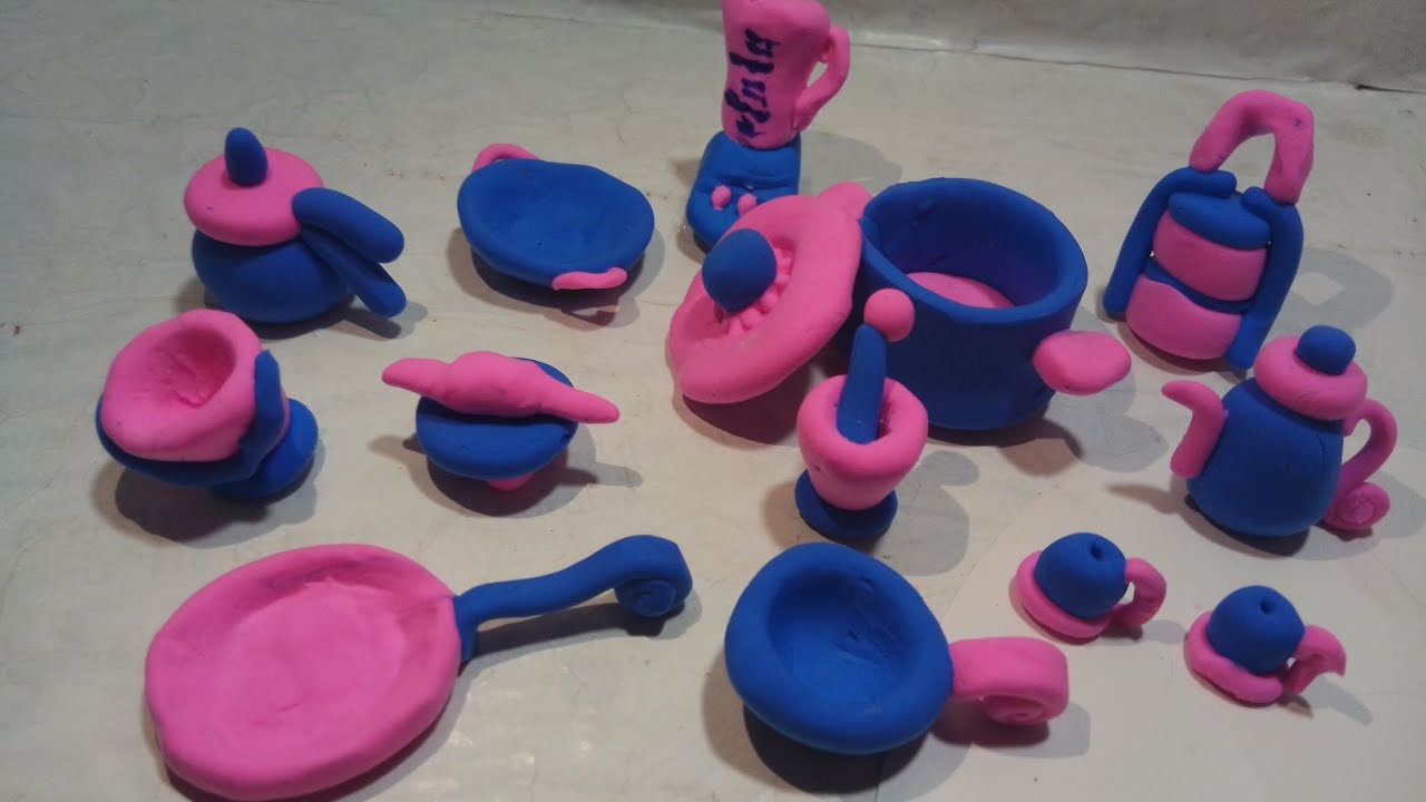 Diy amaizing technique to make polymer clay miniature kitchen set, blue pink doll kitchen set.