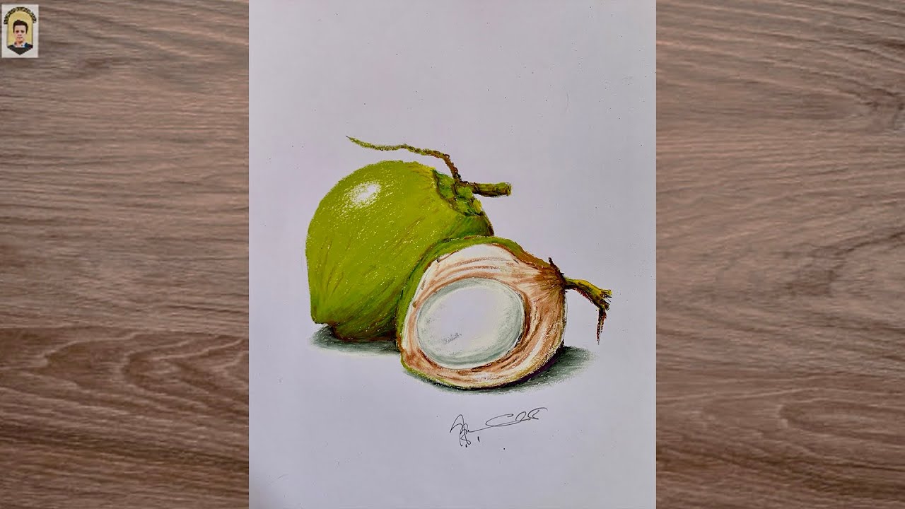 Easy coconut drawing with soft oil pastel color | fruits art