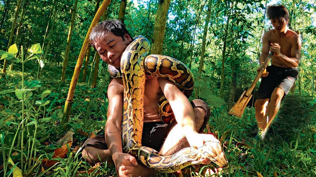 PYTHON IN FOREST - Survival Skills Build Amazing Underground house Swimming pool water slide