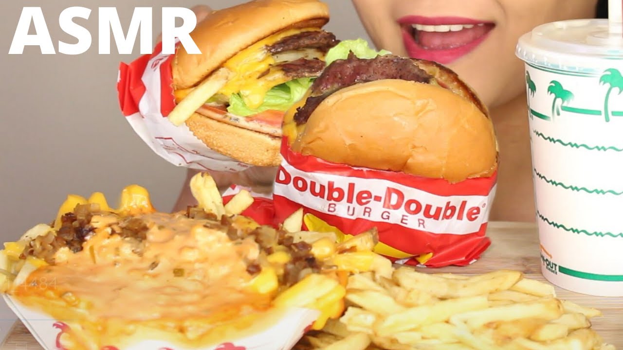 ASMR In n Out Double Cheeseburger and ANIMAL STYLE FRIES and Milk Shake Eating Sounds MUKBANG