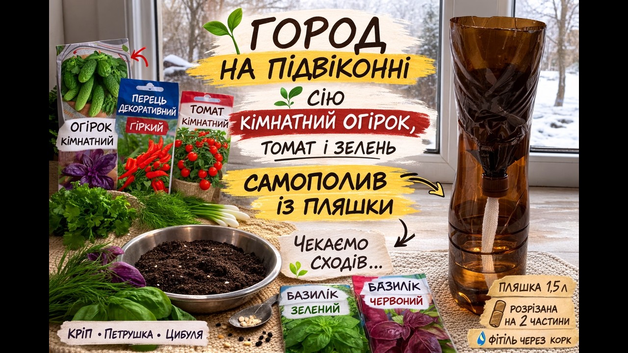 Город на підвіконні 🌱 Сію кімнатний огірок, томат і зелень | Самополив із пляшки / Growing Cucumbers