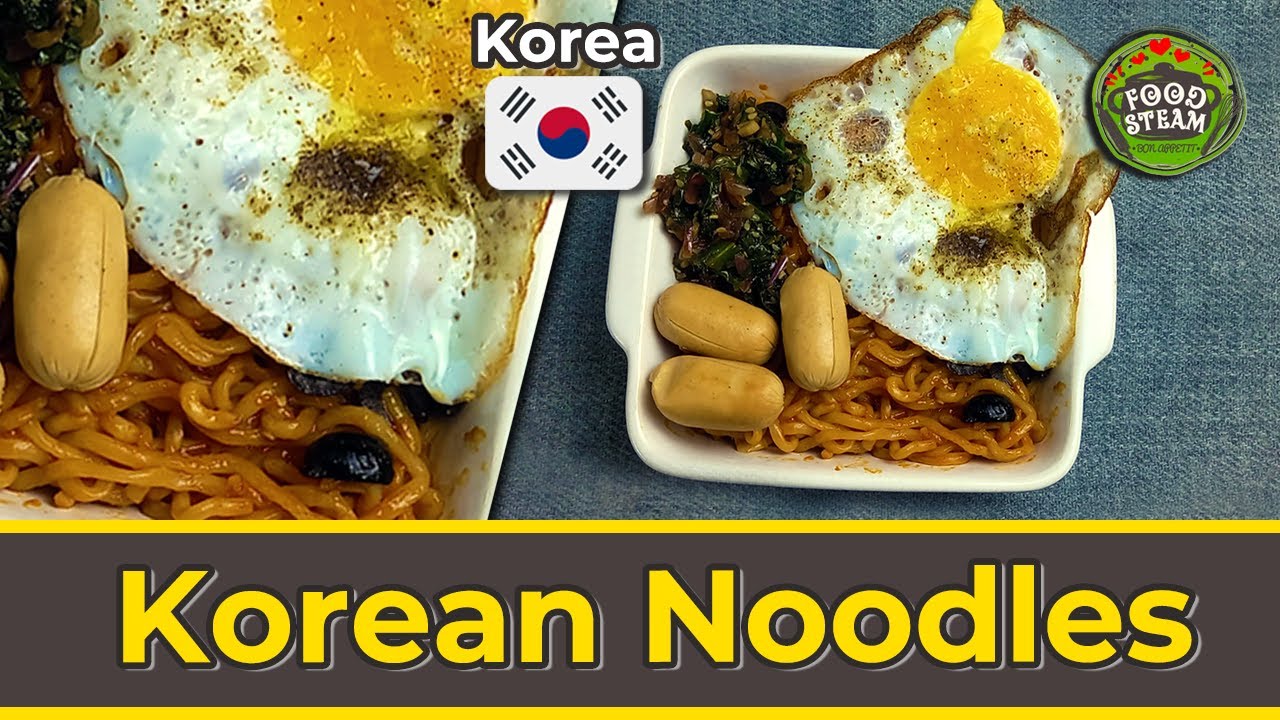 Korean Noodles exalted with spinach, eggs and sausages | SPICY  NOODLES RECIPE  |Food Steam