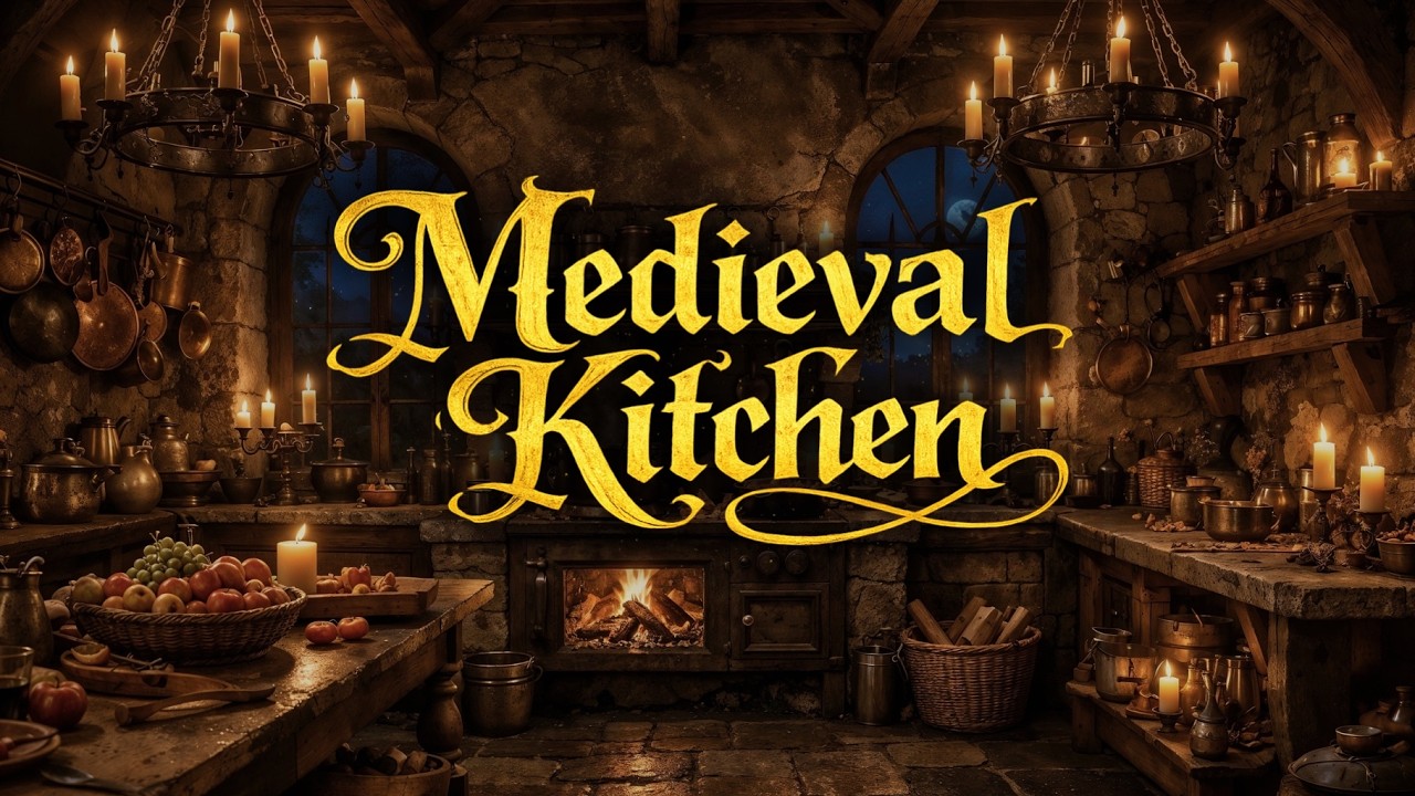 Cozy Medieval Kitchen Ambience – Fireplace & Cooking Sounds | Snowy Night (4 Hours)