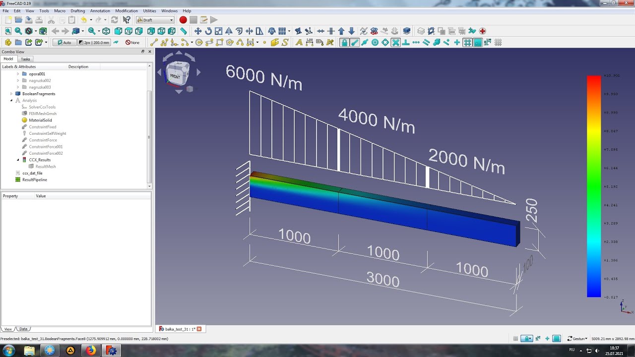 Расчет консольной балки загруженной треугольной нагрузкой во FreeCAD FEM