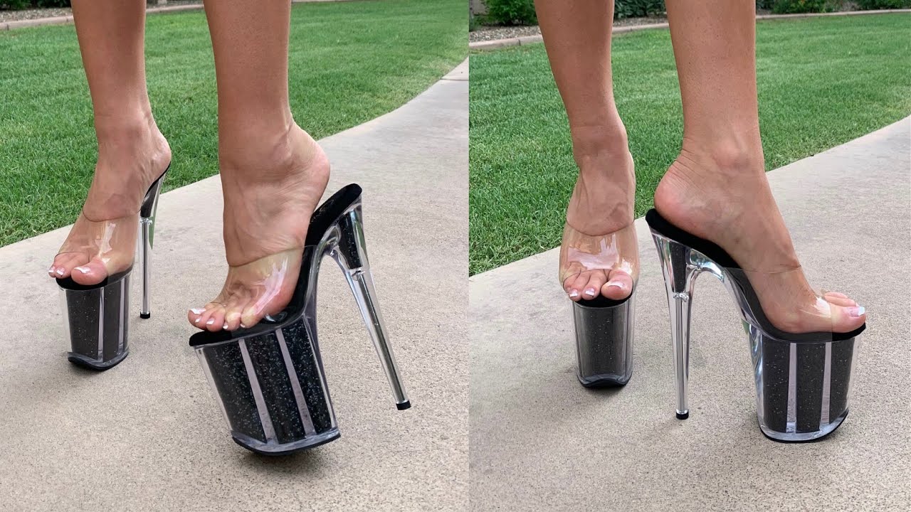 8 INCH Pleaser Flamingo-801 Clear/Black Glitter UNBOXING AND TRY-ON! Walking and Clicking Sounds!