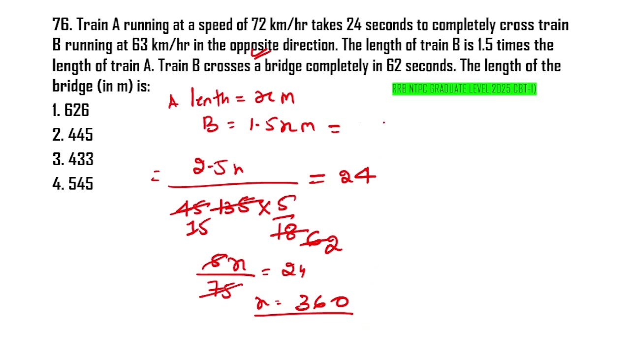 Train A running at a speed of 72 km/hr takes 24 seconds to completely cross train B running at