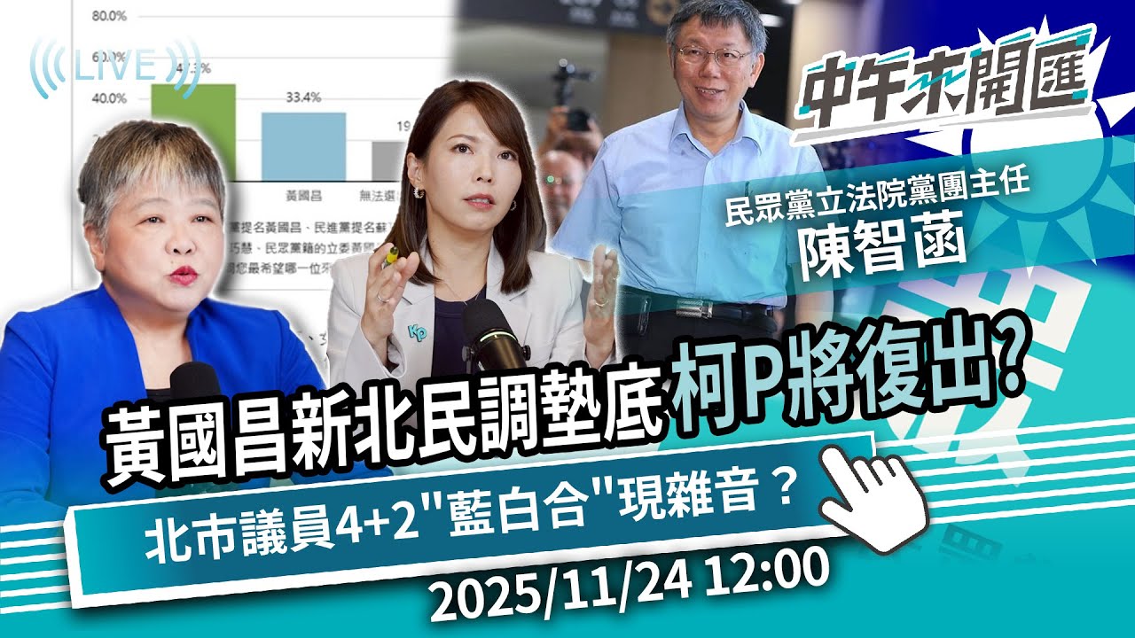 黃國昌新北民調慘墊底！柯文哲將復出？北市議員4+2「藍白合」現雜音？ft.陳智菡｜黃光芹-中午來開匯【CNEWS】2025/11/24 1200