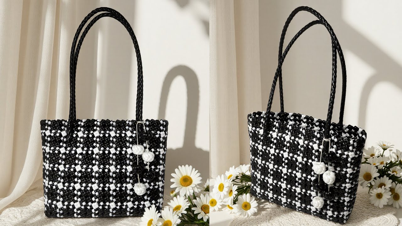Elegant Black & White Handmade Bag，Plastic wire bag #wirebag #wirebasket #handmade 