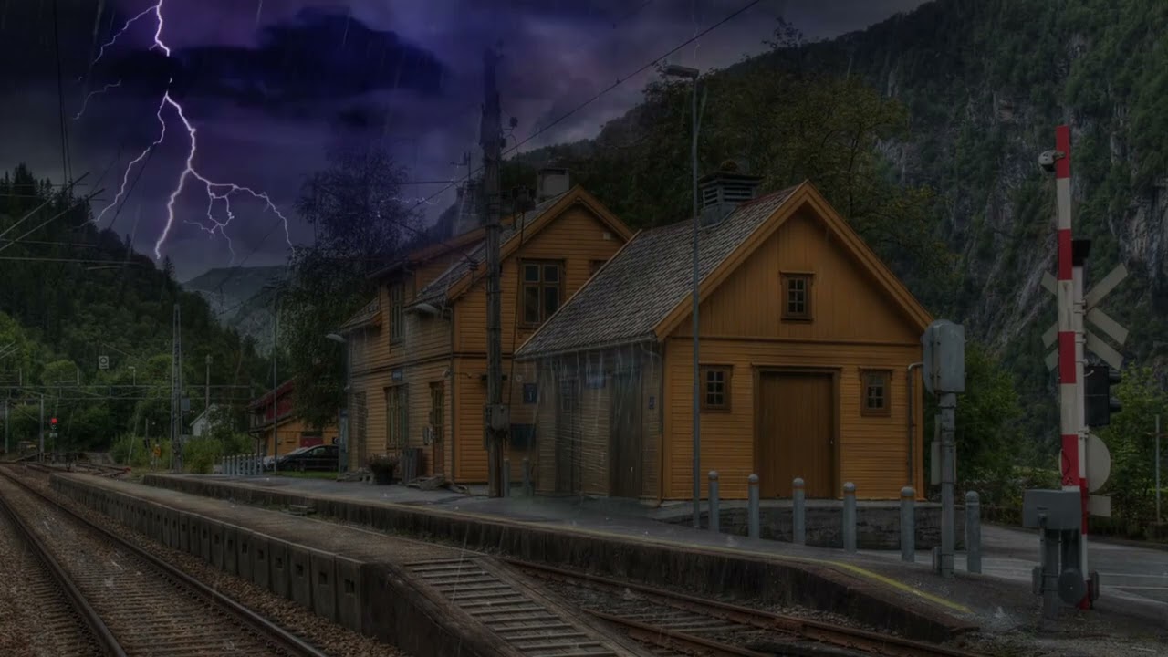 Thunderstorm & Rain on a Train Station | Deep Sleep & Relaxation, Railway Ambience, ASMR