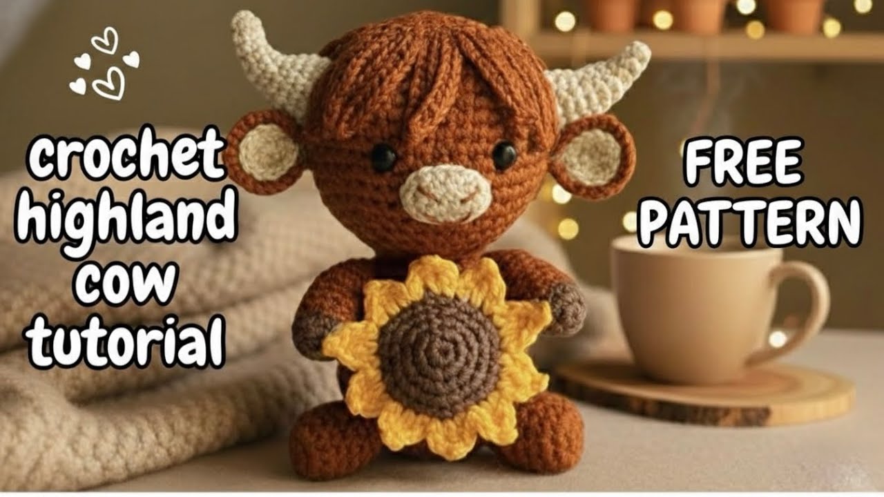 Crochet Highland Cow With Sunflower Tutorial -  Crochet Pattern How To