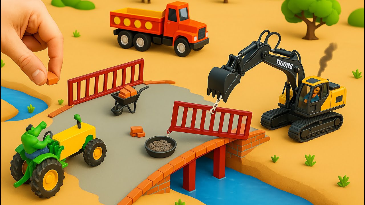DIY Mini Truck Builds Brick & Metal Railing Bridge | Fun Construction Science Project