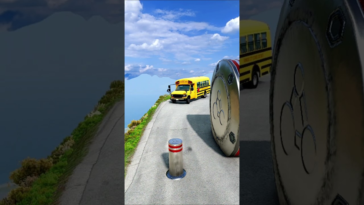School Bus & Ambulance Van vs Giant Bollards CRASH | BeamNG Drive #beamng #shorts