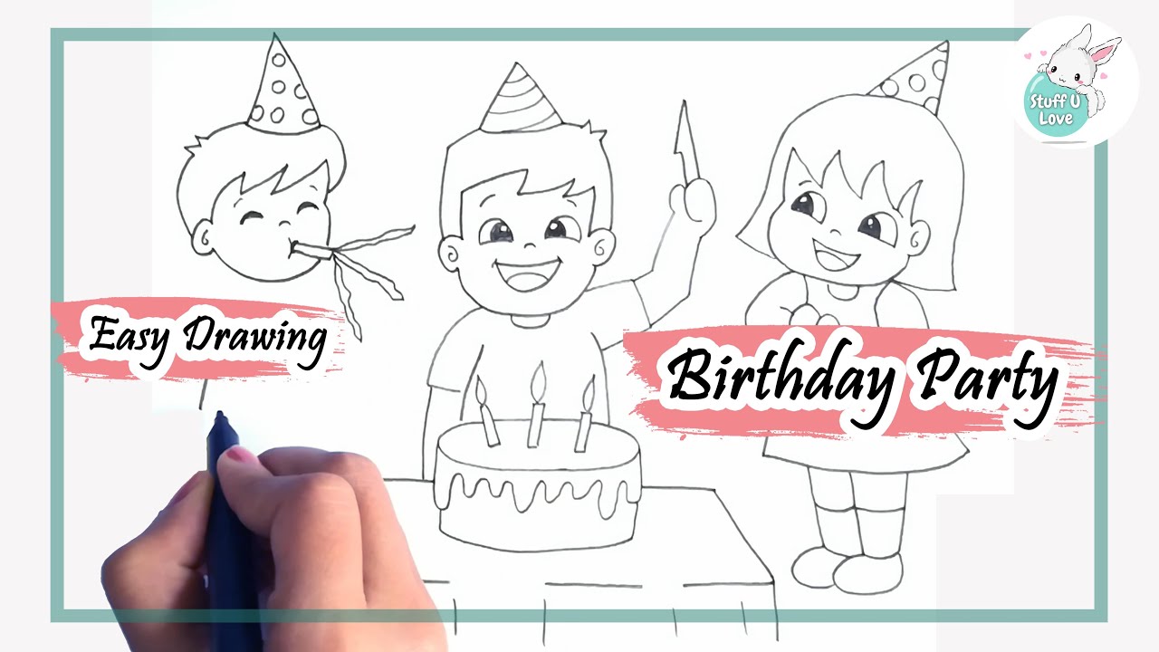 How to draw celebrating birthday party easy drawing tutorial for beginners