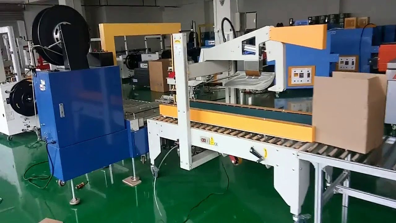 carton erecting forming flap folding sealing strapping line fully automatic end packaging solution