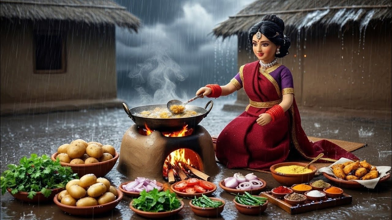 Miniature Doll Pakora Cooking ASMR | Indian Village Tiny Kitchen Rainy Day Cooking