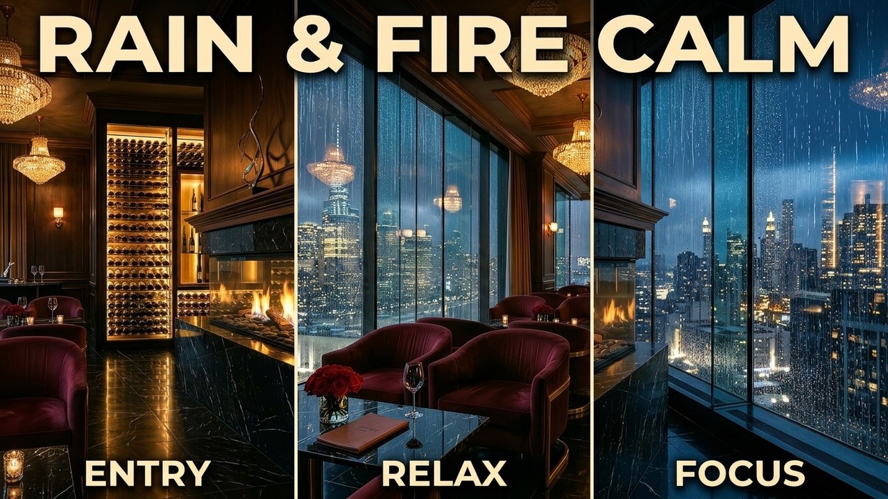 Luxury Penthouse Wine Lounge Rain Ambience 🍷 Stormy Night Skyline & Fireplace Lounge Music