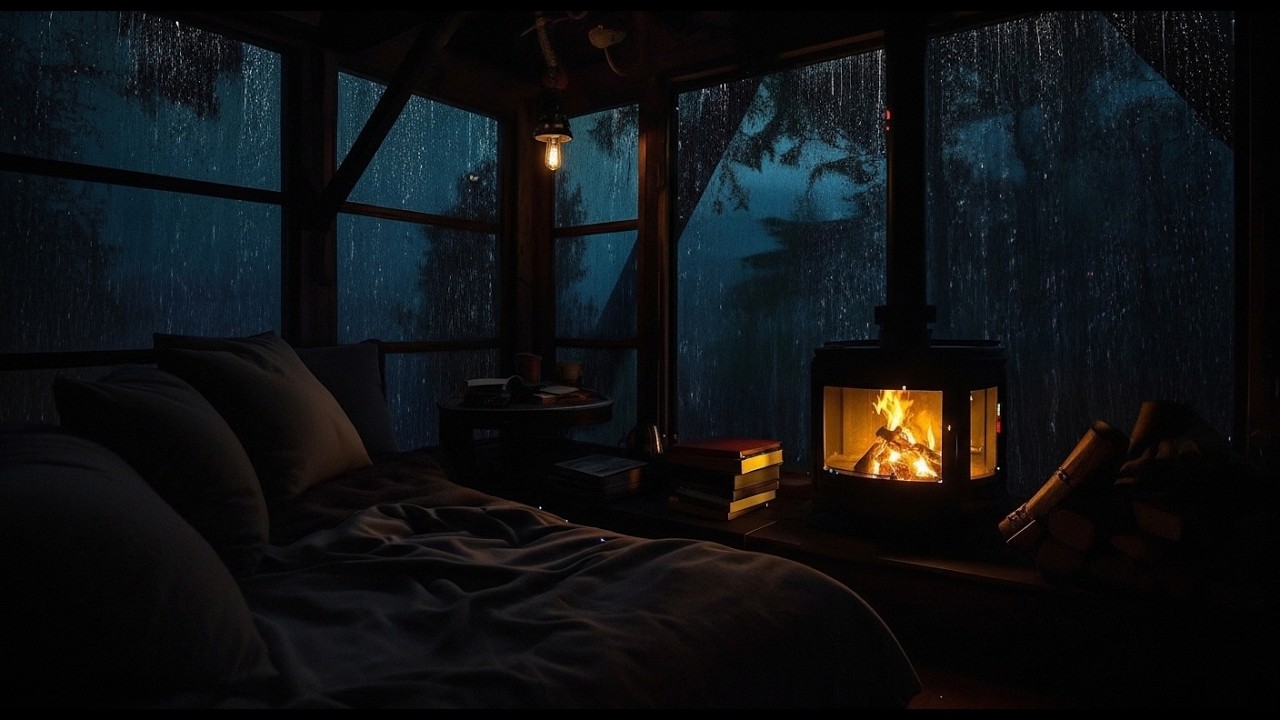 Rainy Night in a Cabin with Fireplace | Cozy Ambience for Relax and Beat Insomnia