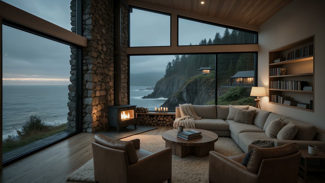 Cozy Ocean Cliff Cabin Fireplace 🔥🌊 | Evening Coastal Ambience for Relaxation