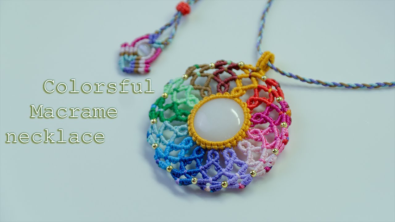 Macrame necklace tutorial:  How to make macrame pendant in 14 colors|DIY Macrame necklace