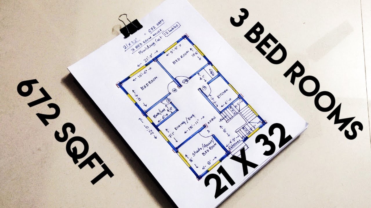 21 x 32 sqft house plan with 3 bed rooms II 21 X 32 GHAR KA NAKSHA II 21 X 32 HOME DESIGN