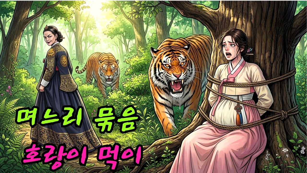 며느리를 미워한 시어머니는 숲속 나무에 며느리를 묶어 사나운 호랑이가 뜯어먹도록 내버려 두었다.|민담 |전설 |설화 |옛날이야기 |오디오북