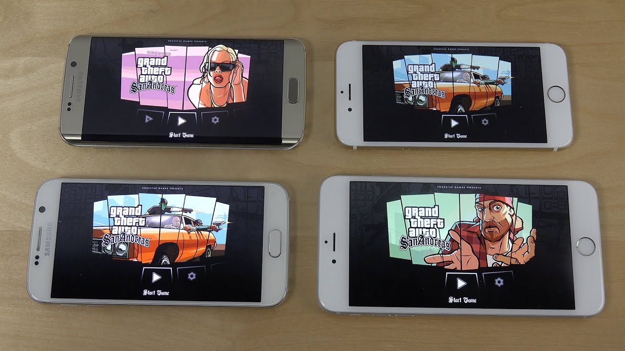 GTA San Andreas Samsung Galaxy S6 Edge vs. iPhone 6 vs. Galaxy S6 vs. iPhone 6 Plus Gameplay!