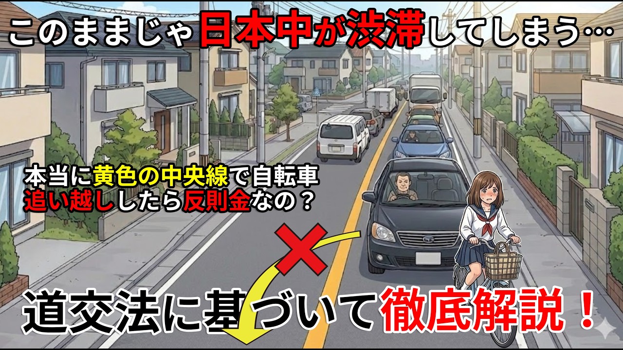 自転車が先頭を走ると大渋滞になる!?黄色の中央線は絶対に追い越し不可なのか？道交法に基づいて徹底解説！ #青切符 #道交法