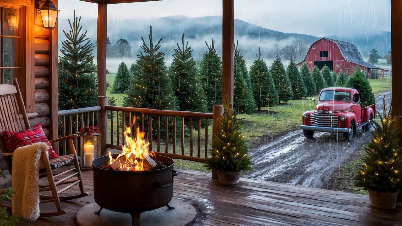 Cozy Morning at the Christmas Tree Farm Ambience 🎄Fall to Winter | Ambient Rain & Fire Sleep Sounds