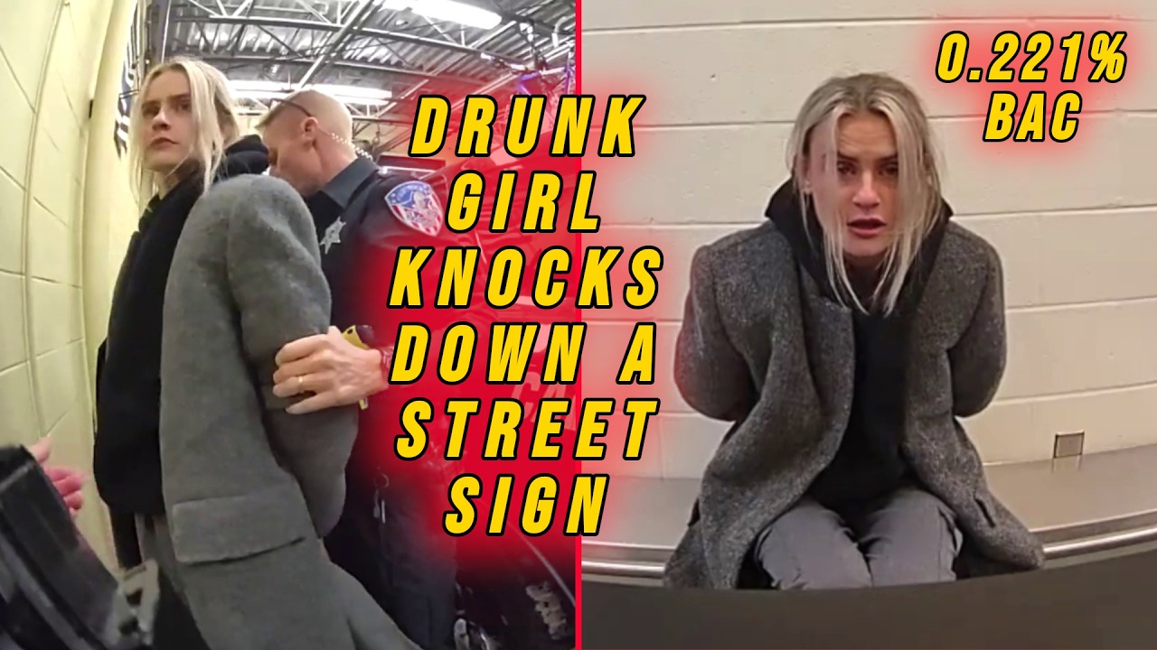 Drunk Girl Destroys a Street Sign Near the Bar at Almost TRIPLE the Limit